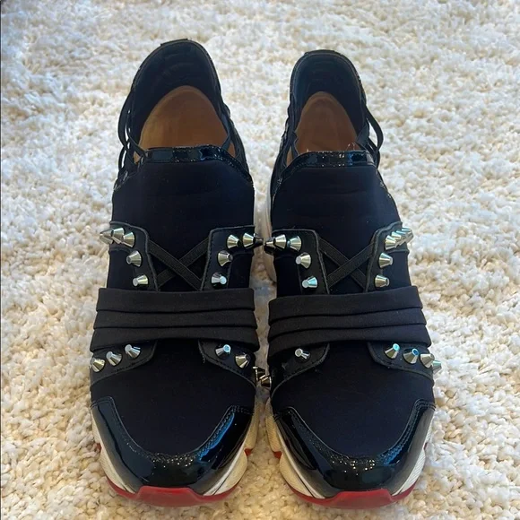 Authentic Christian Louboutin Black and Silver Studded Sneakers - Picture 1 of 11